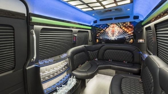 Interior of Charter Bus Company Coon Rapids's Sprinter Limo in Coon Rapids